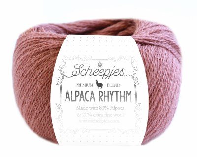 A 25g ball of Scheepjes Alpaca Rhythm yarn, showing its fine lace weight and the soft, fuzzy alpaca halo characteristic of the brand