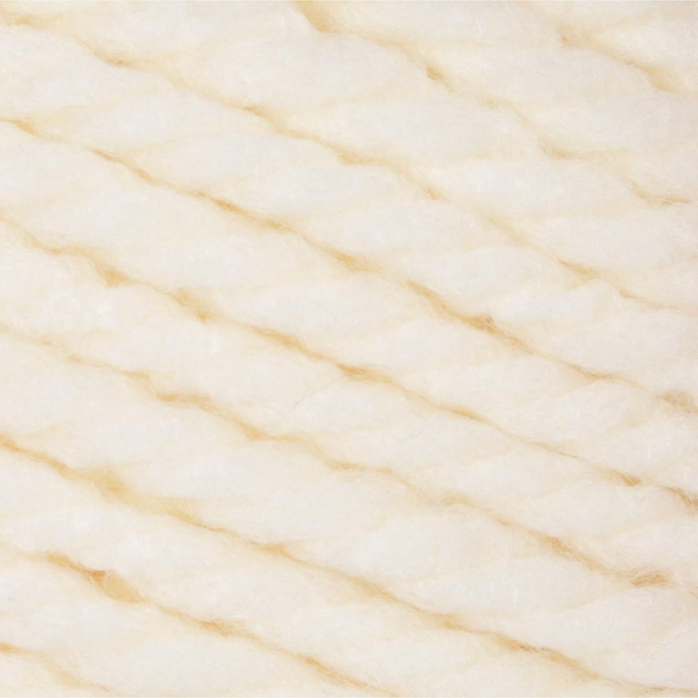 A 100g skein of Bernat Softee Chunky yarn in a vibrant solid color, showing its thick, plied structure and soft matte finish, in natural cream white colour.
