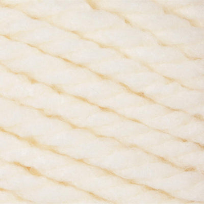 A 100g skein of Bernat Softee Chunky yarn in a vibrant solid color, showing its thick, plied structure and soft matte finish, in natural cream white colour.