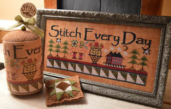A professional cross-stitch chart for an inspirational sampler titled 'Stitch Every Day.' The high-definition design features the central motto in elegant, stylized typography, surrounded by charming needlework motifs like needles, thread, or decorative borders.