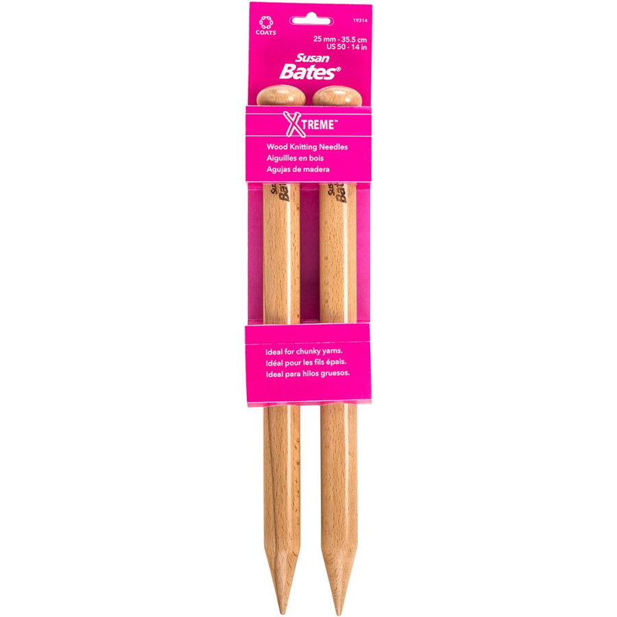 A package of Susan Bates X-Treme Wood Single Point Knitting Needles, size 25mm, displayed on a pink and white card.