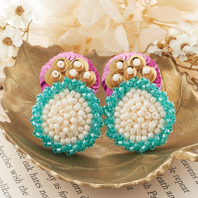 A DIY bead embroidery jewelry kit by TOHO, featuring a "Maison De Broderie" design for creating elegant, handmade stud earrings with a vintage French couture look