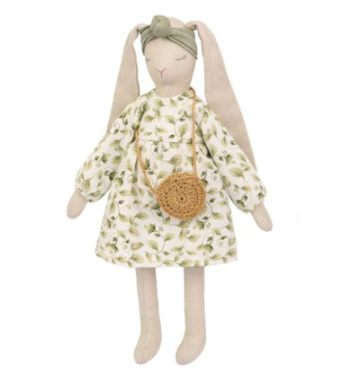 A textile doll resembling a bunny with a green hat and a floral dress, carrying a woven basket.

The finished Miadolla Tiffany the Bunny linen doll, wearing a stylish boho outfit and standing 29cm tall front view