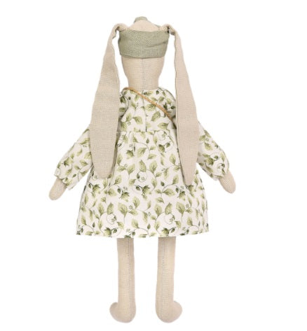 The finished Miadolla Tiffany the Bunny linen doll, wearing a stylish boho outfit and standing 29cm tall, back view