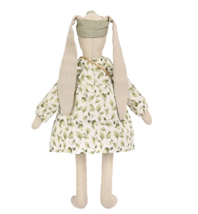 The finished Miadolla Tiffany the Bunny linen doll, wearing a stylish boho outfit and standing 29cm tall, back view