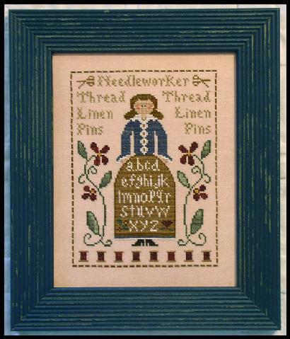A professional cross-stitch chart for a heritage-style sampler titled 'The Sampler Lady.' The high-definition design features a woman in traditional or vintage dress engaged in needlework, surrounded by classic sampler motifs like alphabets, floral borders, or historical patterns.