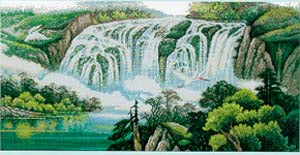 A cross stitch kit depiction of a lush green landscape with a large waterfall, featuring a stitched design on a white background.