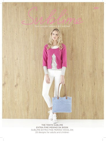 A cover image of a Sublime knitting pattern booklet featuring a woman in casual wear, with a striped pink sweater and white trousers, holding a blue bag.
20 designs knitting book, Sublime home decor patterns, high-definition stitch knitting, cotton sweater patterns