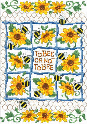 A cross stitch kit depicting a floral design with the phrase 'To Bee or Not to Bee' and various bee illustrations on a white and blue background.