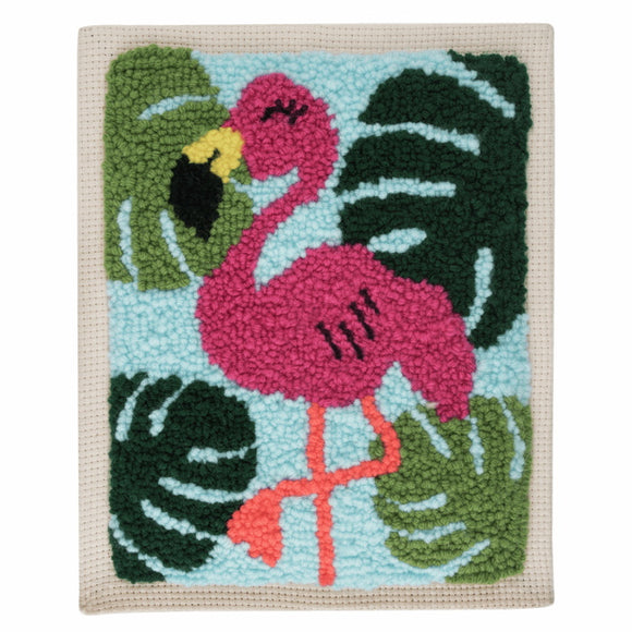 A punch needle kit featuring a flamingo design, with green and pink colors on a beige background, and a flamingo silhouette in the center.