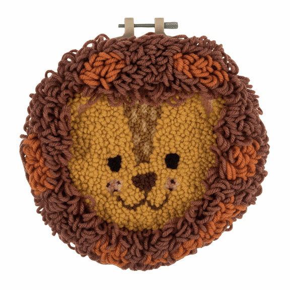 A comprehensive 'Lion' punch needle starter kit by Trimits. The kit includes a 20.32cm (8-inch) non-slip plastic hoop, pre-printed 11-count fabric featuring a friendly lion face with a large mane, vibrant yellow and orange yarns, a punch needle tool, and a needle threader. The finished project has a thick, looped texture
