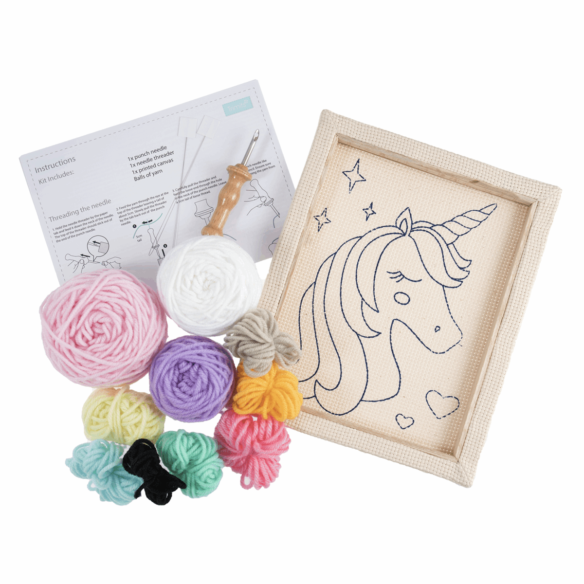 The kit includes an 8x10 inch fabric panel pre-stretched on a wooden frame with a printed unicorn silhouette. It features a palette of pastel and vibrant yarns, a specialized punch needle tool, a needle threader, and a large color image for easy reference