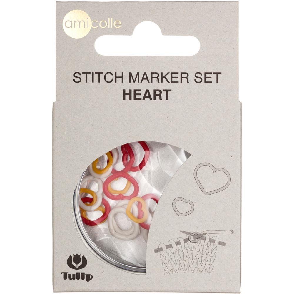 A premium set of 15 heart-shaped knitting stitch markers by Tulip Needle Company, neatly organized in a pocket-sized metal storage tin.

Set B features yellow, red, and a crisp white. The smooth, snag-free surface is designed to move easily between knitting needles."