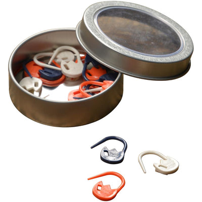 A professional set of 15 Tulip brand locking stitch markers stored in a compact, portable metal tin. Set A features navy, white, and orange round markers,