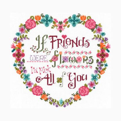 A cross-stitch depiction of a heart-shaped arrangement with various flowers, using a colorful thread on a white background.