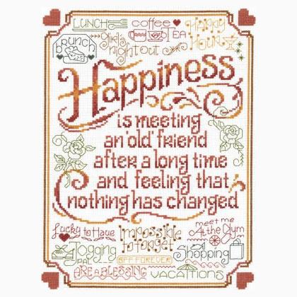 A complete cross-stitch kit by designer Ursula Michael titled 'Let's Be Old Friends.' The design is a soulful friendship sampler featuring decorative text and delicate floral or folk-art accents