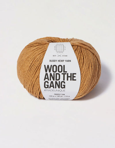 Close-up of the Buddy Hemp fiber, highlighting the beautiful linen-like twist and the blend of organic cotton and hemp strands in topez tan colour