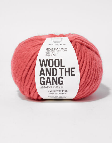 "A giant 200g ball of Wool and the Gang Crazy Sexy Wool, showcasing its thick, plump, and ultra-soft 100% Peruvian wool fibers in rasperry pink colour.