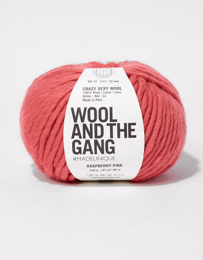 "A giant 200g ball of Wool and the Gang Crazy Sexy Wool, showcasing its thick, plump, and ultra-soft 100% Peruvian wool fibers in rasperry pink colour.