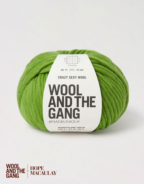 "A giant 200g ball of Wool and the Gang Crazy Sexy Wool, showcasing its thick, plump, and ultra-soft 100% Peruvian wool fibers in wonderland green colour.