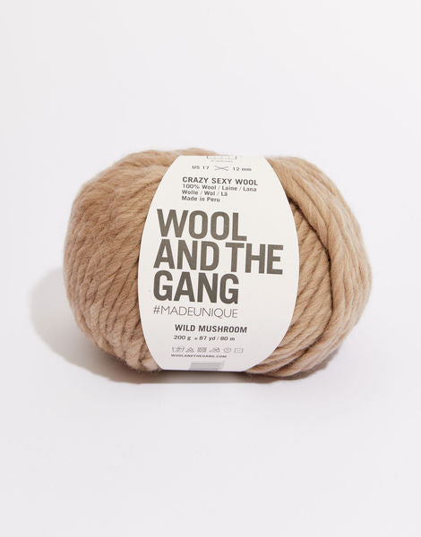 A giant 200g ball of Wool and the Gang Crazy Sexy Wool, showcasing its thick, plump, and ultra-soft 100% Peruvian wool fibers in wild mushroom colour.
