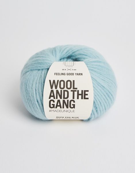 A 50g ball of Wool and the Gang Feeling Good yarn, showing its signature fluffy, brushed texture and voluminous air-blown structure in duck egg blue colour.