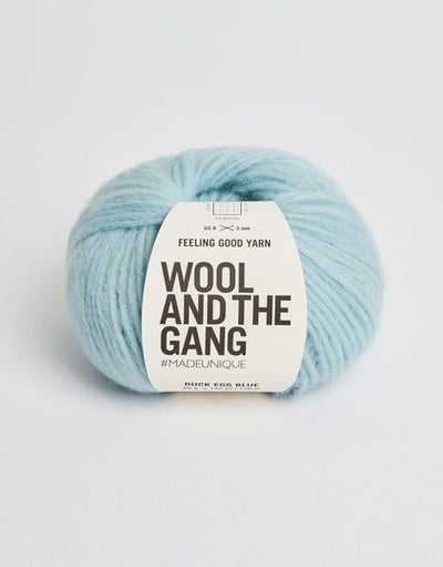 A 50g ball of Wool and the Gang Feeling Good yarn, showing its signature fluffy, brushed texture and voluminous air-blown structure in duck egg blue colour.