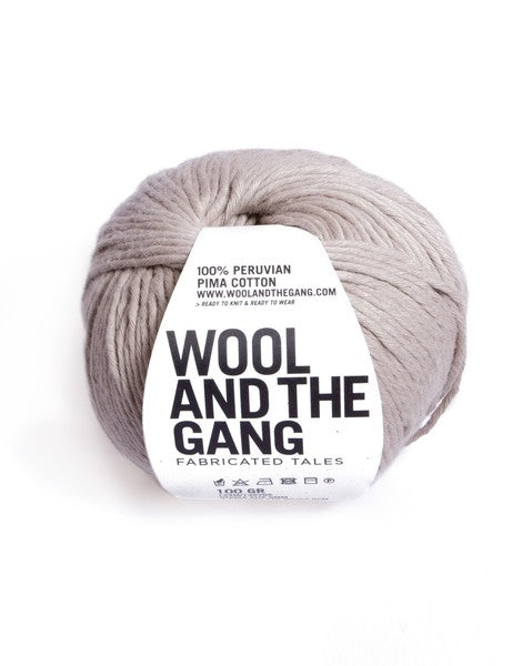 A 100g ball of Wool and the Gang Shiny Happy Cotton yarn in a vibrant Timber Wolf shade, showing its smooth texture and subtle natural sheen. Soft pima cotton for knitting, chunky cotton crochet yarn, breathable yarn for garments, high-luster cotton floss, eco-friendly luxury fiber.