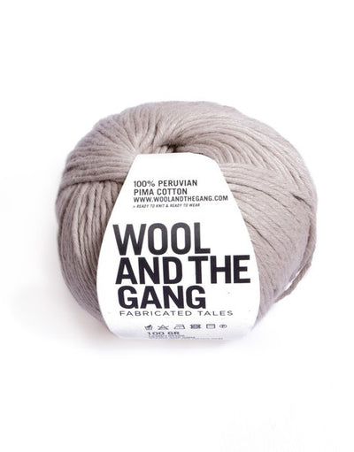 A 100g ball of Wool and the Gang Shiny Happy Cotton yarn in a vibrant Timber Wolf shade, showing its smooth texture and subtle natural sheen. Soft pima cotton for knitting, chunky cotton crochet yarn, breathable yarn for garments, high-luster cotton floss, eco-friendly luxury fiber.