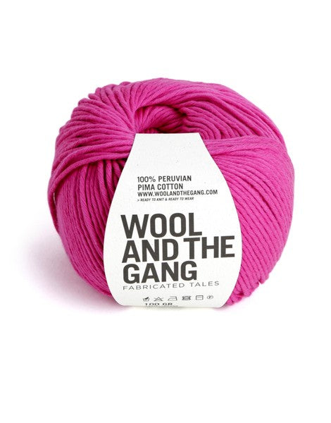 Wool and the Gang Shiny Happy Cotton, Peruvian Pima Cotton Yarn, Best Cotton Yarn for Summer, Luxury Aran Cotton, WATG Yarn Singapore.

A 100g ball of Wool and the Gang Shiny Happy Cotton yarn in a vibrant  Hot Pink shade, showing its smooth texture and subtle natural sheen.