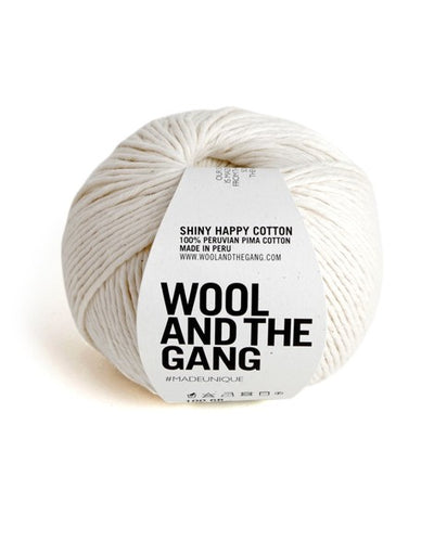 A 100g ball of Wool and the Gang Shiny Happy Cotton yarn in a vibrant Ivory White shade, showing its smooth texture and subtle natural sheen.
Soft pima cotton for knitting, chunky cotton crochet yarn, breathable yarn for garments, high-luster cotton floss, eco-friendly luxury fiber