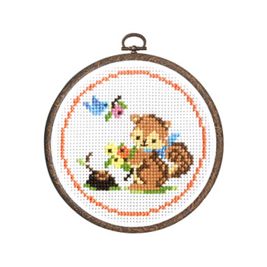 Cross stitch kit depicting a squirrel with flowers, completed embroidery hoop with a floral and animal design.

Olympus Japan Squirrel with Flowers cross-stitch kit packaging featuring a cute squirrel and colorful blossoms with a 6-inch embroidery hoop.