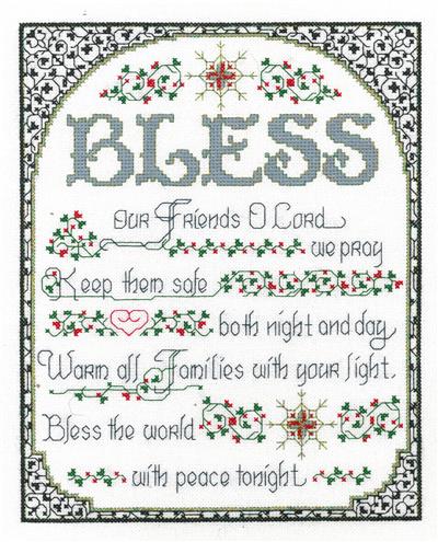 A cross-stitch kit featuring the 'Bless the World with Peace' design by Ursula Michael. The image shows a refined, text-based pattern with symbolic accents, stitched on premium 28-count white linen. The kit includes a clear chart, authentic DMC embroidery floss in full skeins, and a tapestry needle, highlighting its high-quality, heirloom-style materials