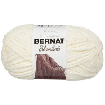 Bernat Blanket 300g super bulky chenille yarn in Cream Color; a 100% polyester soft-touch yarn for quick-knit afghans and crochet blankets