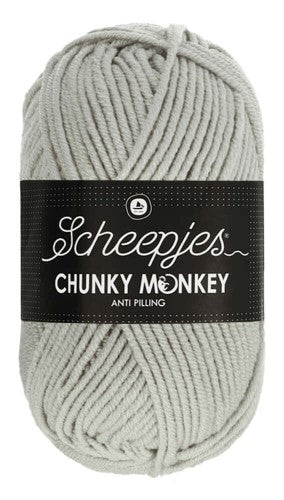 Scheepjes Chunky Monkey in Pale grey colour. Especially designed to prevent those annoying little fuzz balls from forming. It’s the ultimate "life-proof" yarn for kids and pets.

Hypoallergenic & Soft: 100% premium acrylic that feels incredibly soft against the skin—perfect for those who find wool too itchy.
