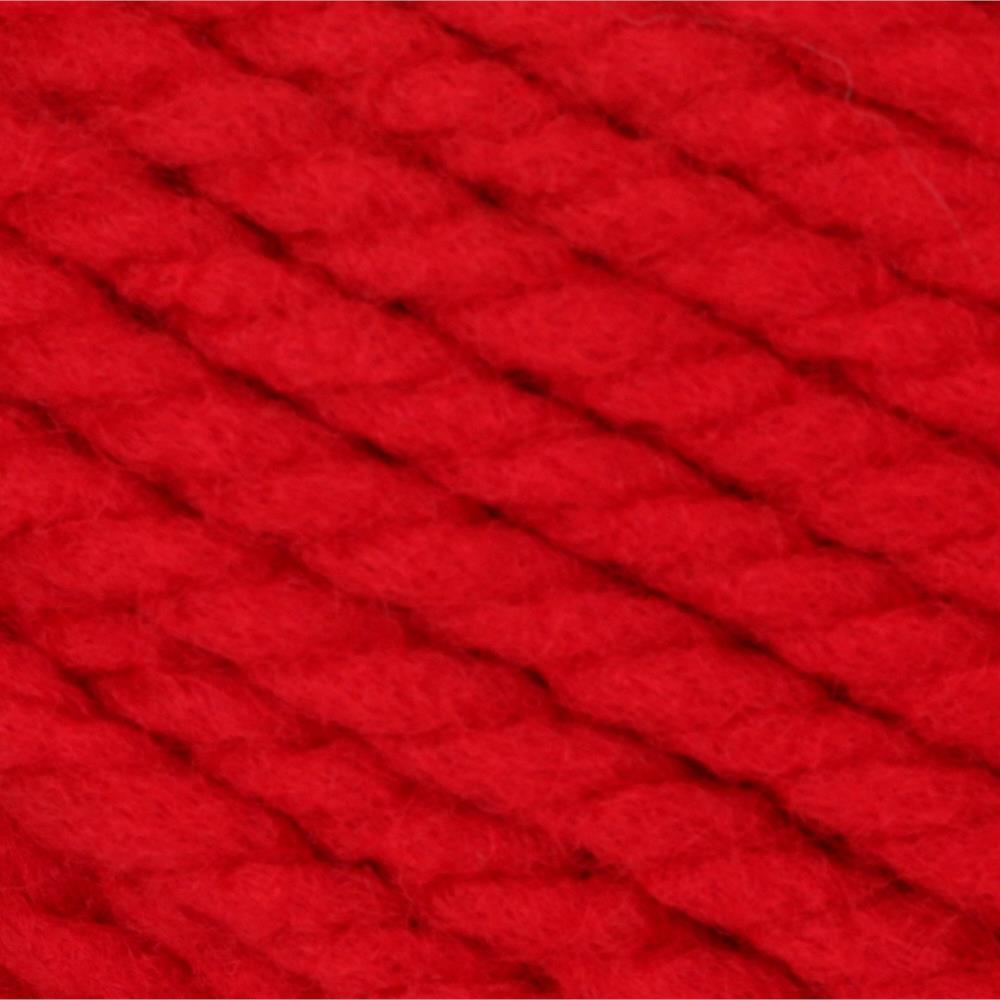 A skein of Bernat Softee Chunky yarn in berry red color.
A 100g skein of Bernat Softee Chunky yarn in a vibrant solid color, showing its thick, plied structure and soft matte finish.