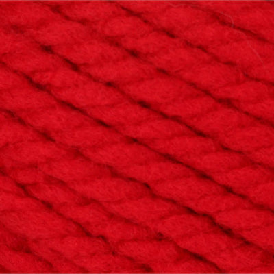 A skein of Bernat Softee Chunky yarn in berry red color.
A 100g skein of Bernat Softee Chunky yarn in a vibrant solid color, showing its thick, plied structure and soft matte finish.