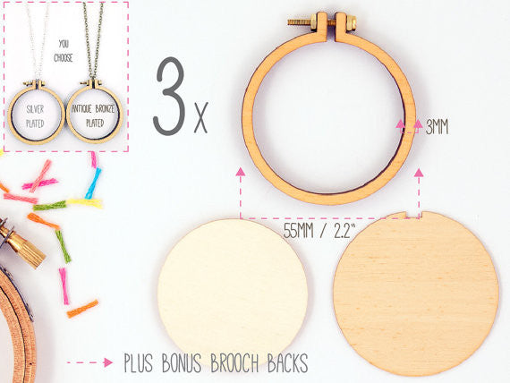 Packaging of Dandelyne 2.2 inch miniature embroidery hoop pack, displaying the hoops with example embroidery, screw, bolt, and chain components.

Close-up of the Dandelyne hardware, including the tiny screws, bolts, and the smooth laser-cut wood finish of the miniature hoop.