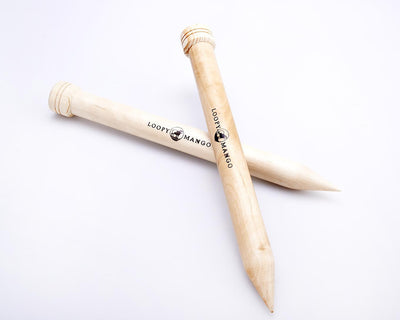 A pair of wooden straight knitting needles with the Loopy Mango brand logo