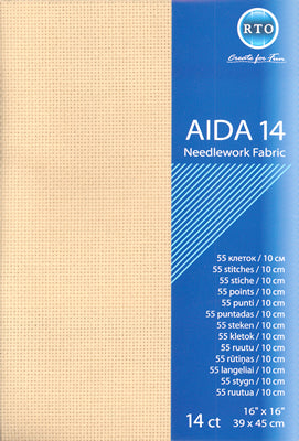 Close-up of premium 14-count Aida cloth showing the precise, even weave of the fabric in beige