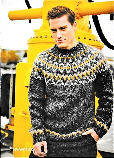 Close-up of a Lopi sweater from Vol. 37 showcasing intricate textured stitch work instead of traditional color-work